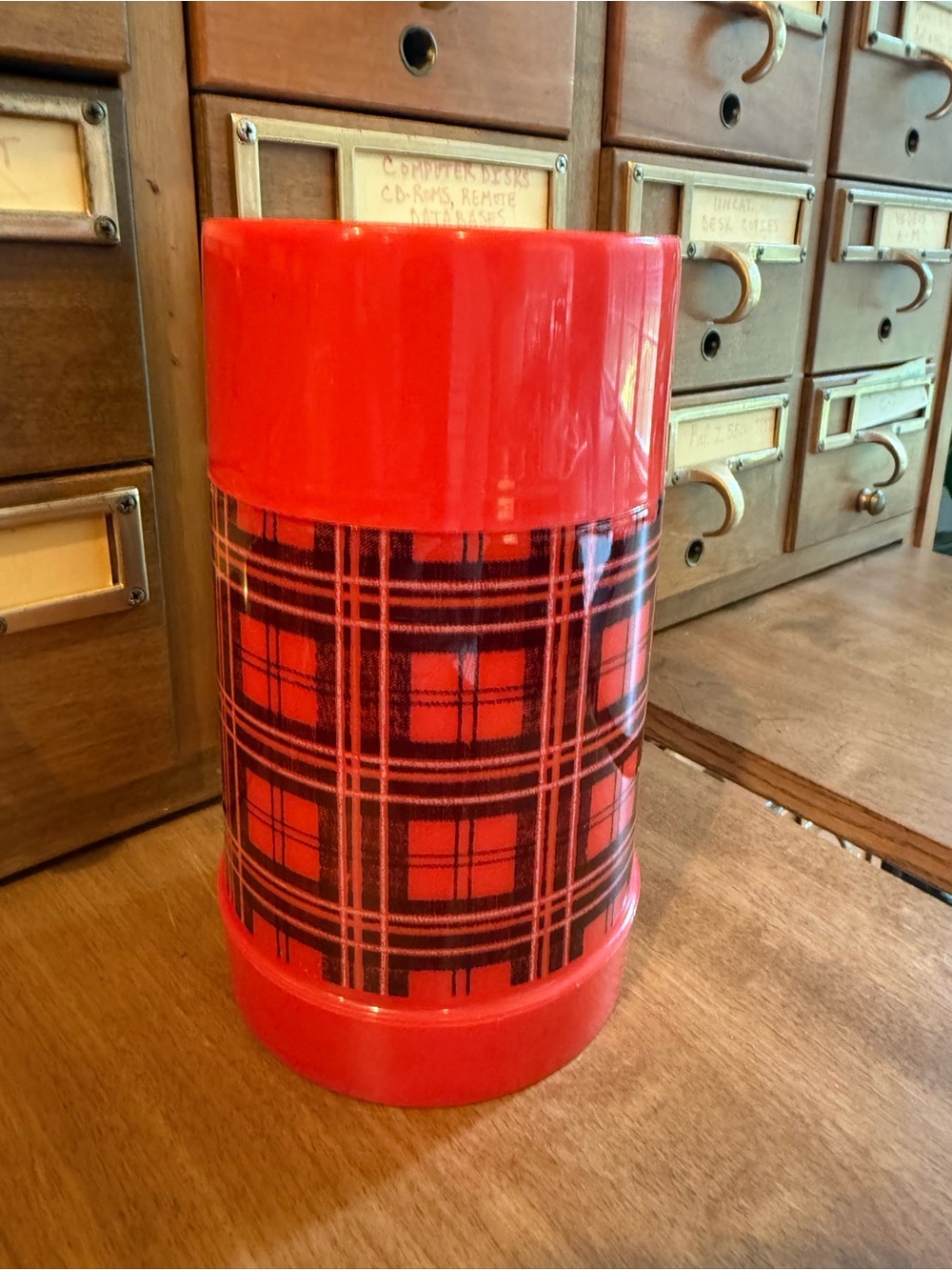 Vintage Aladdin 1 Pint Red & Black Plaid Thermos — Made in USA